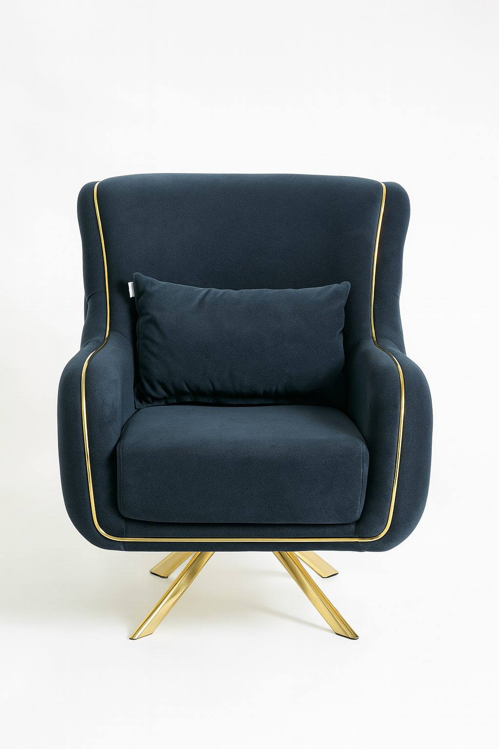 Midnight blue velvet sofa set with gold trim and accent chair in luxury living room setup