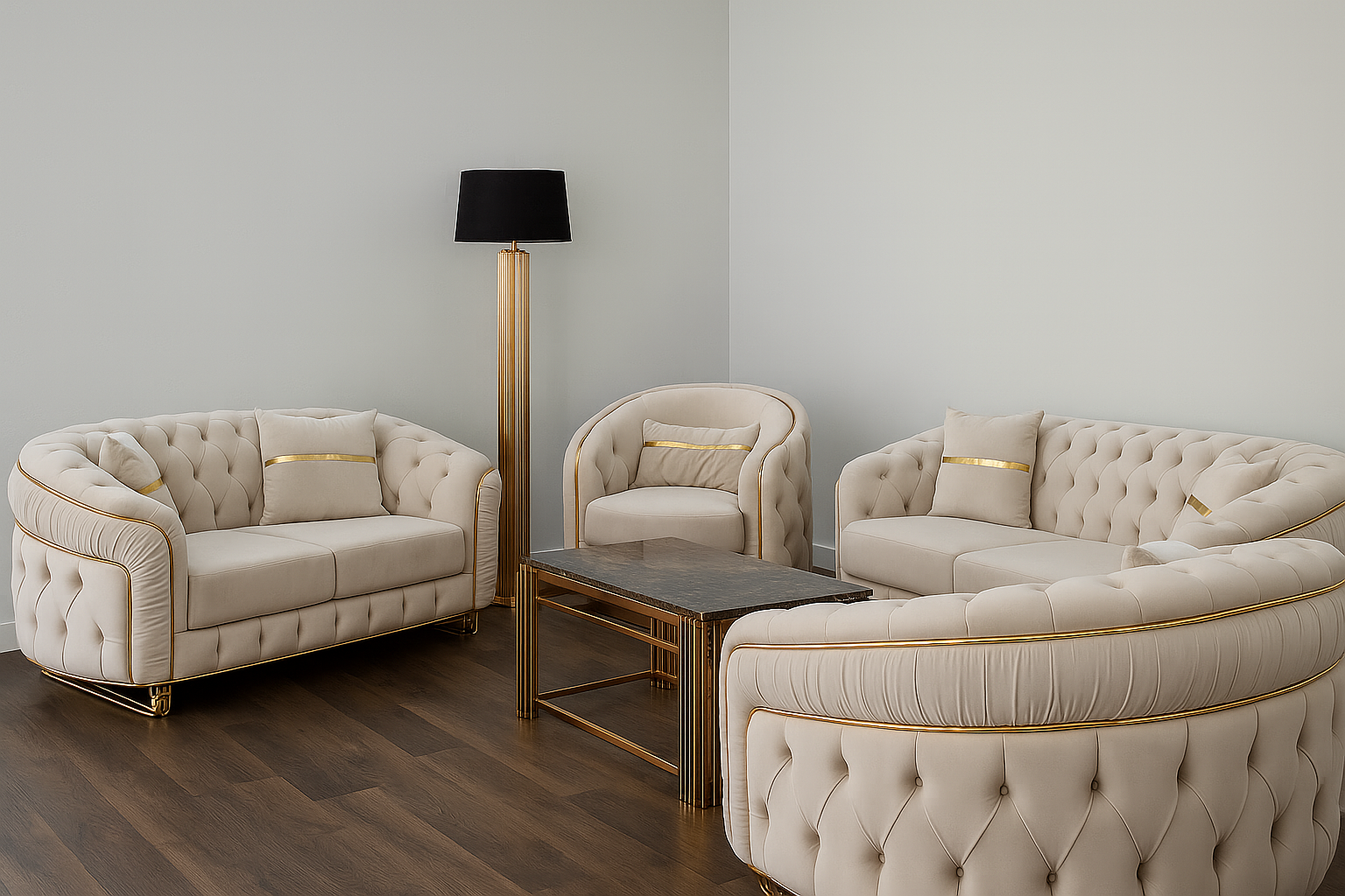 Vienna Royale Velvet Sofa Set | 3+2+1 Seaters with Gold Accents