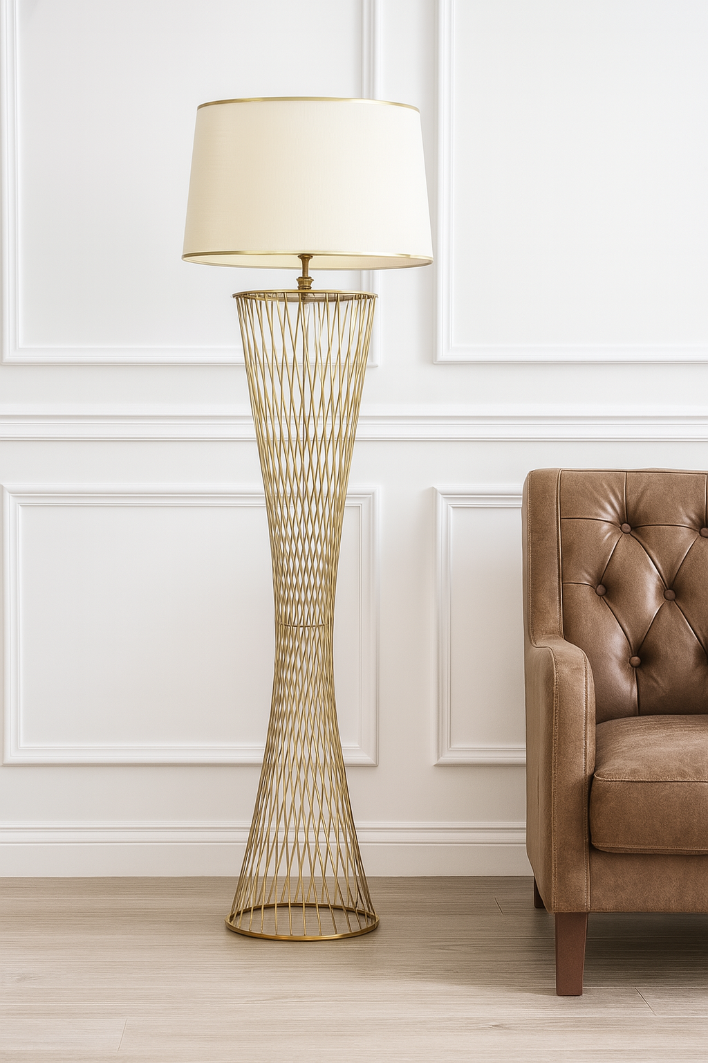 Serena Mesh Floor Lamp | Gold Geometric Base with Ivory Shade
