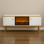 Aurora Luxe TV Unit with Electric Fireplace | White & Gold Finish