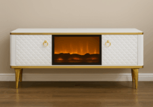 Aurora Luxe TV Unit with Electric Fireplace | White & Gold Finish