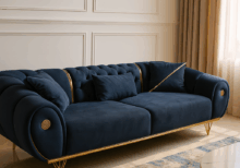 Astoria Velvet Sofa Set | 3+2+1 in Midnight Blue with Gold Accents