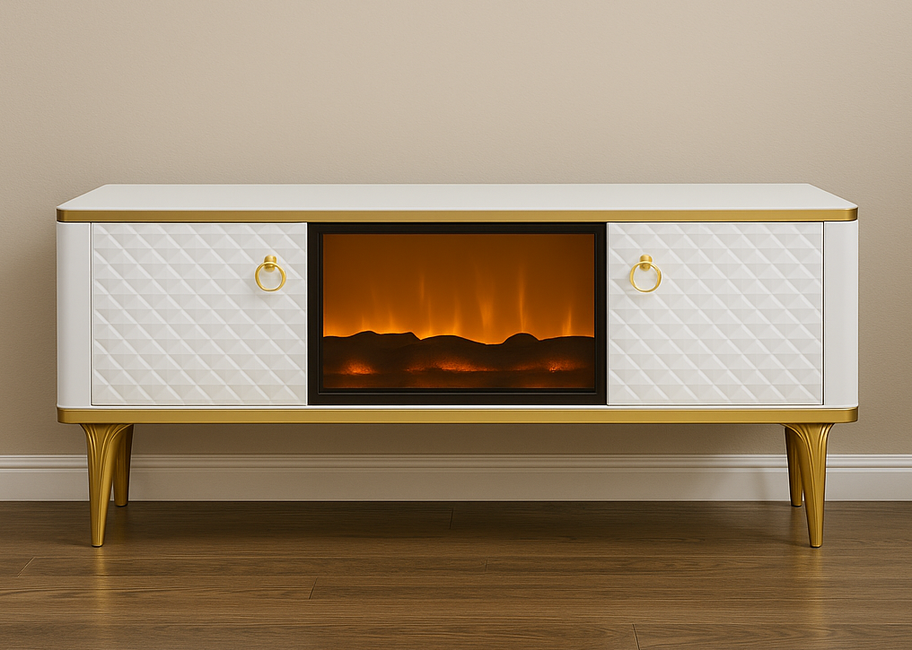 Aurora Luxe TV Unit with Electric Fireplace | White & Gold Finish